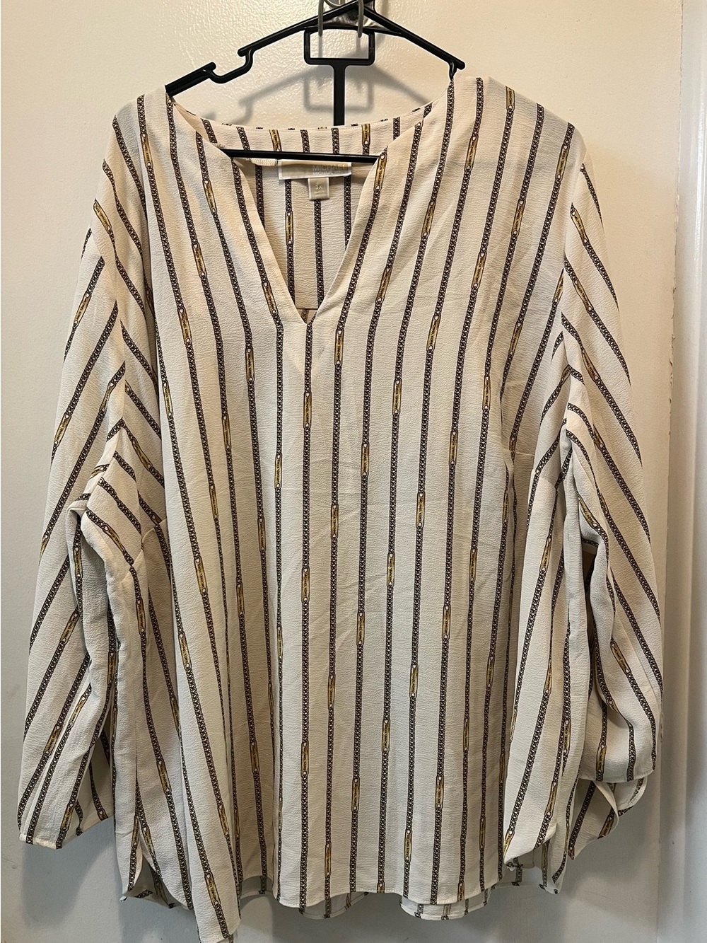 Michael Kors Cream Striped Blouse with Black and Gold Accents